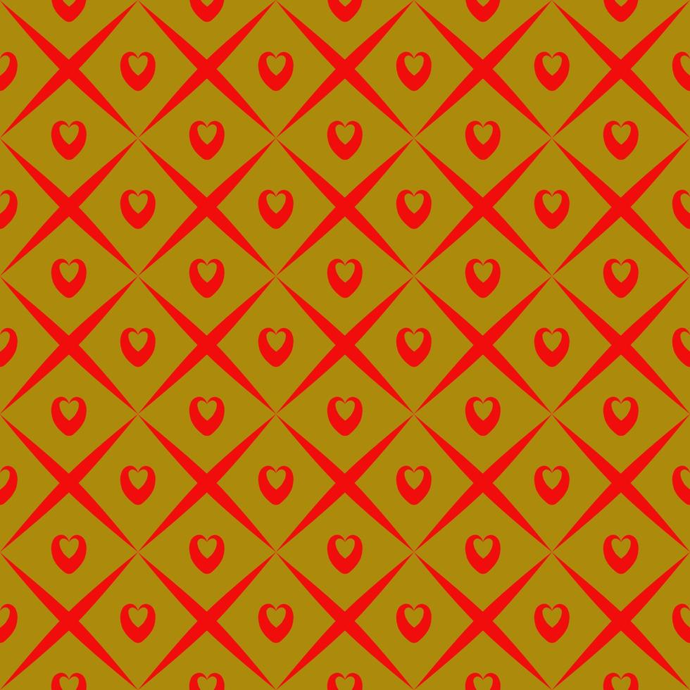 Seamless pattern of little red hearts, shaped cross line, golden brown background. Textile, paper and packaging, texture, flat vector image.