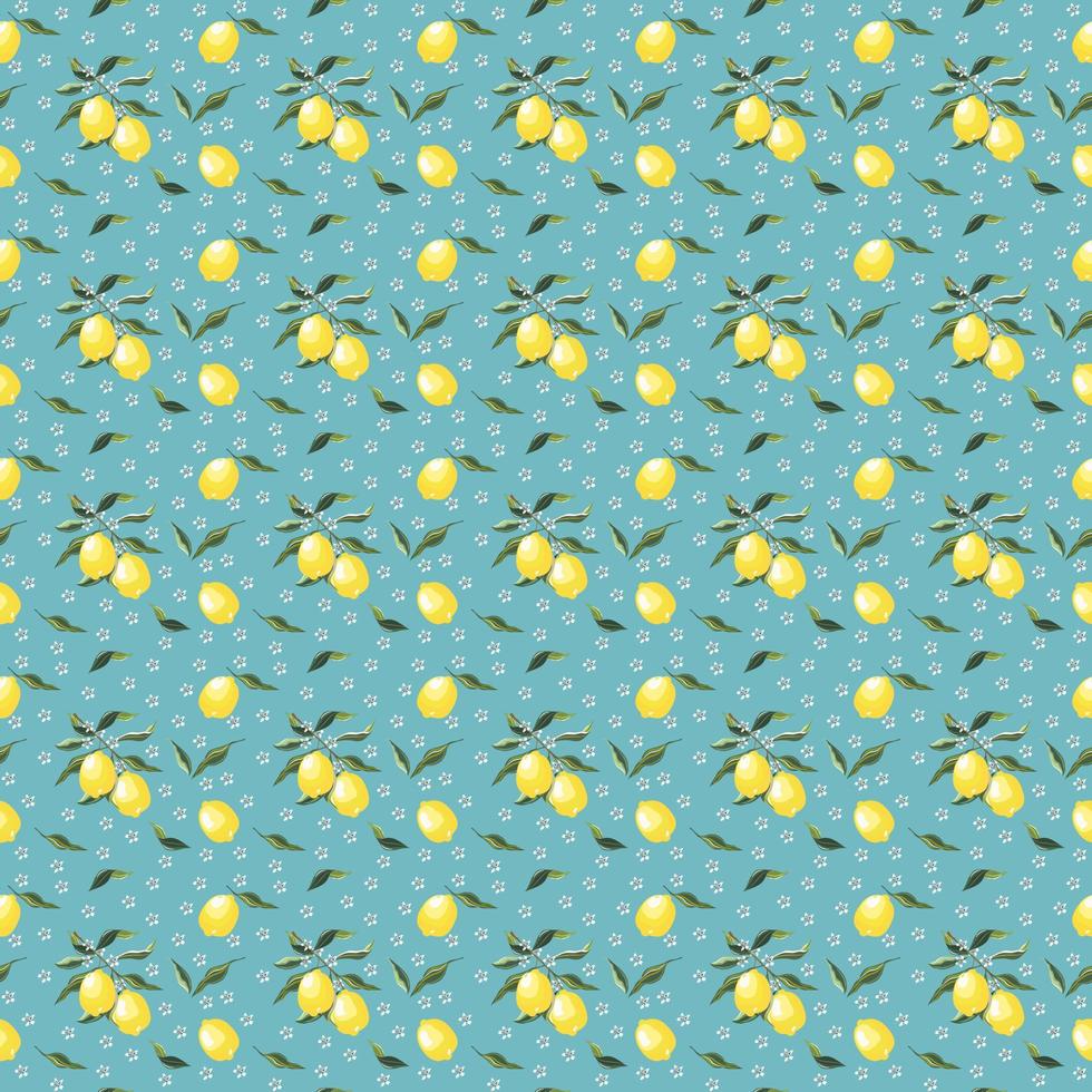 Seamless yellow lemons pattern. Blue color background, juicy lemons, white flowers and green leaves.  Flat vector texture. Beautiful print for textiles and wallpaper.