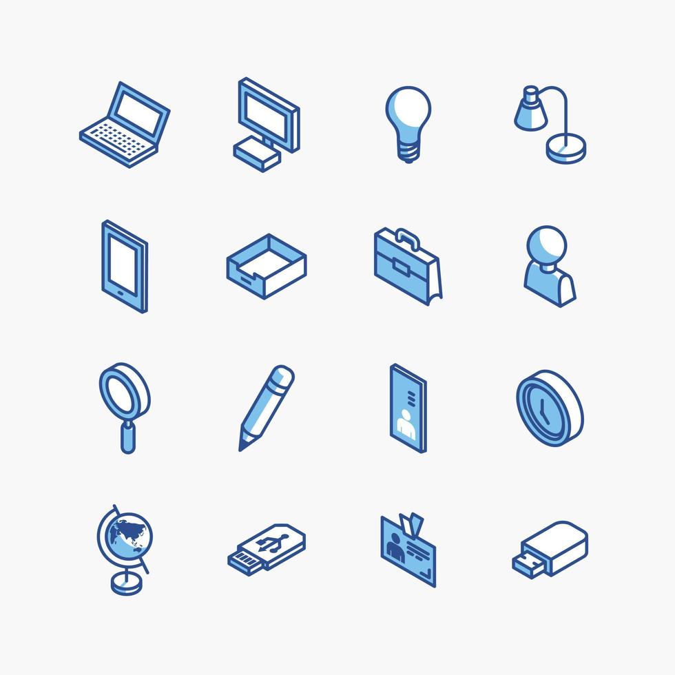 isometric office equipment icons flat line. element object work design vector set