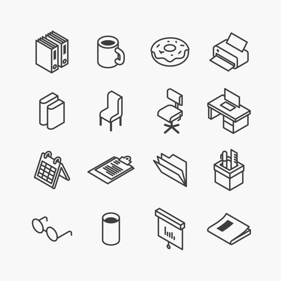 isometric office equipment icons flat line. element object work design vector set