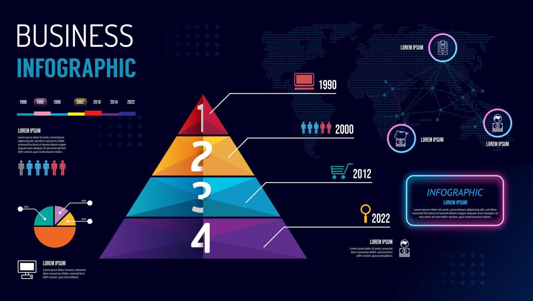 Vector infographic pyramid label template with icons. online business icon neon. Can be used for infographics, flow charts, presentations, websites, banners, printed materials.