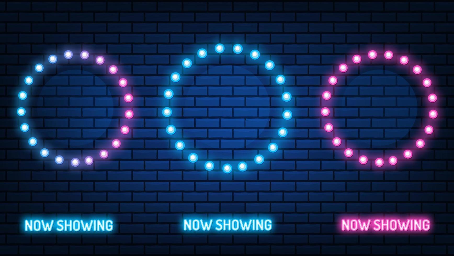 Neon Cinema mockup sign. glowing color neon dot. shining led or halogen lamps frame banners. on brick wall vector set.