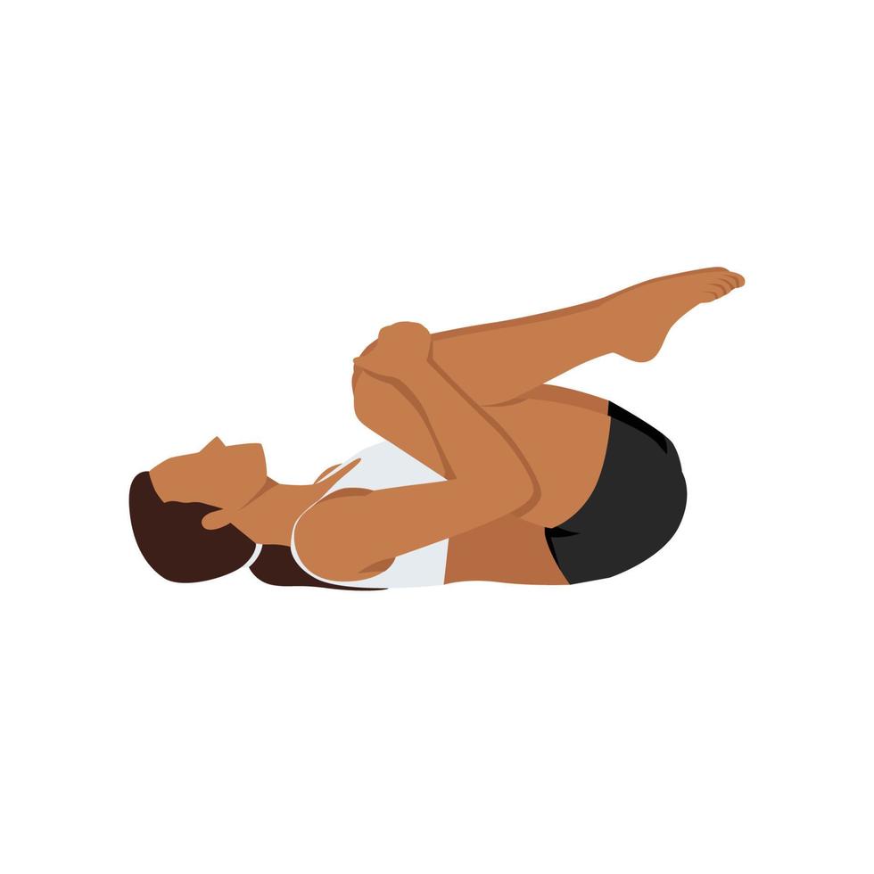 Woman doing knees to chest pose apanasana exercise. Flat vector illustration isolated on white background