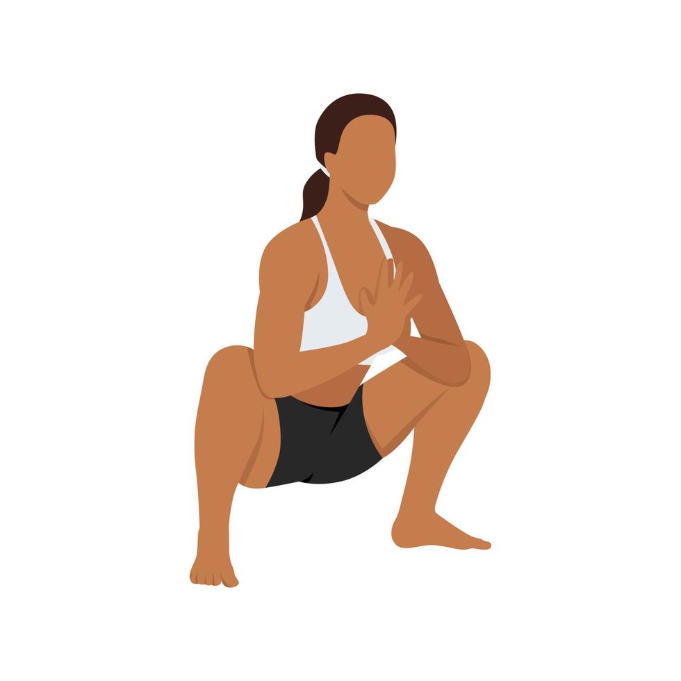 mujer haciendo garland pose malasana ejercicio. ilustración vectorial plana aislada sobre fondo blanco vector