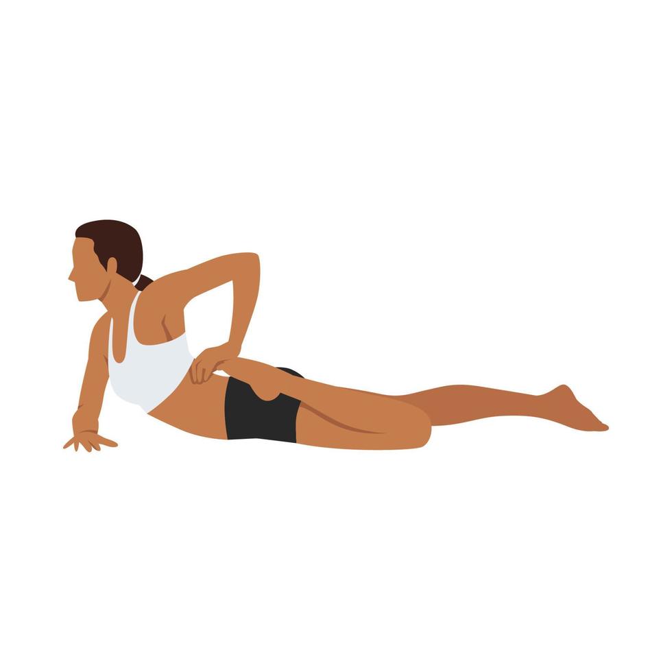 Woman doing half frog pose ardha bhekasana exercise. Flat vector illustration isolated on white background