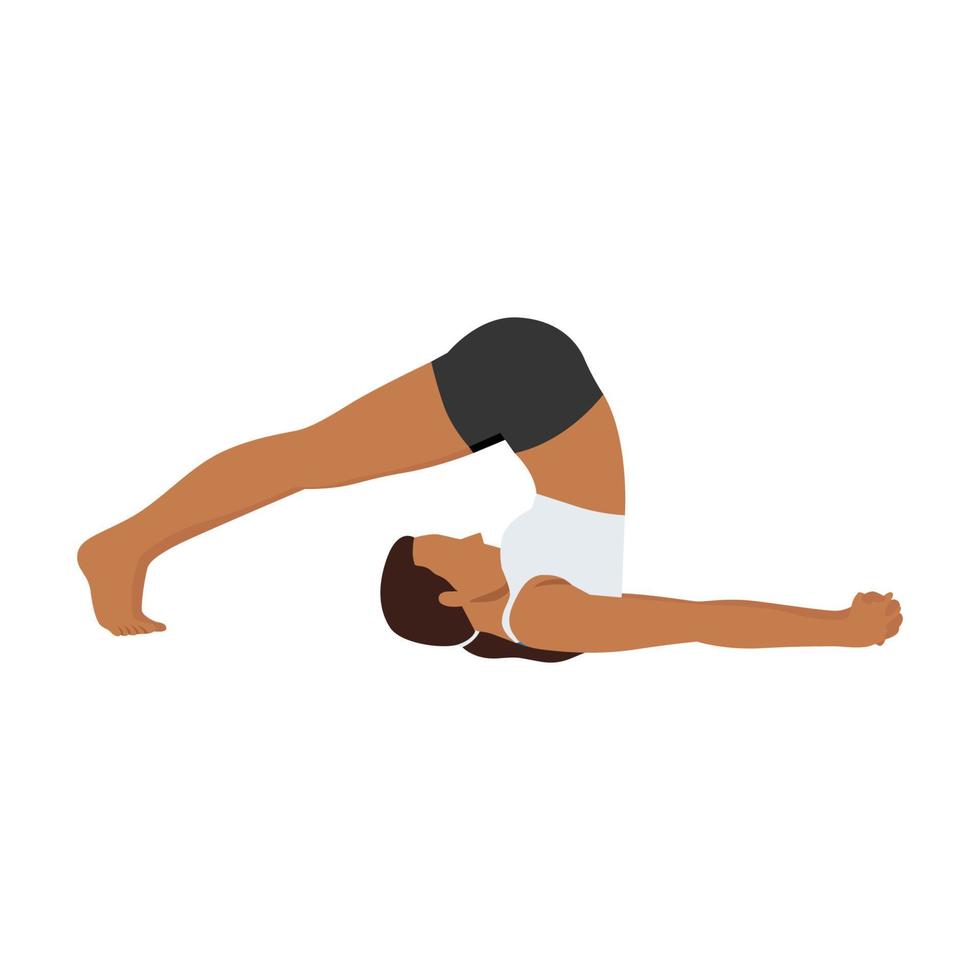 Woman doing plow pose halasana exercise. Flat vector illustration isolated on white background