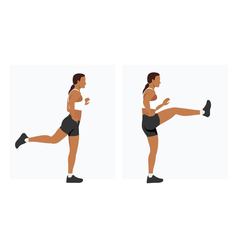 Woman doing forward leg swings holding on the wall exercise. Flat vector illustration isolated on white background