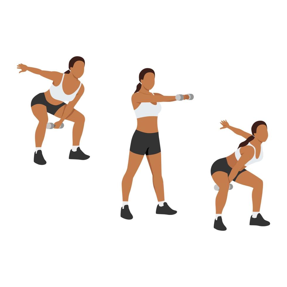 Woman doing alternating dumbbell swing exercise. Flat vector illustration isolated on white background