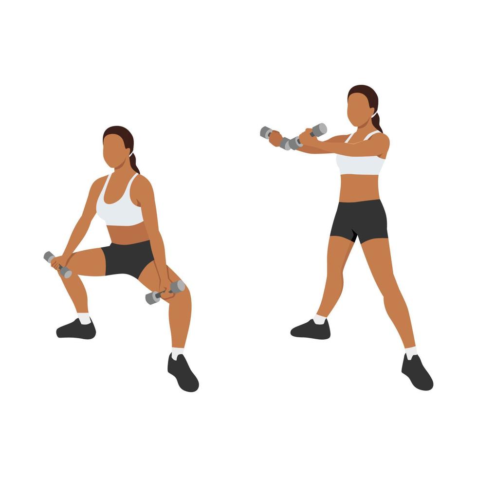 Woman doing plie squat scoop up exercise. Flat vector illustration isolated on white background
