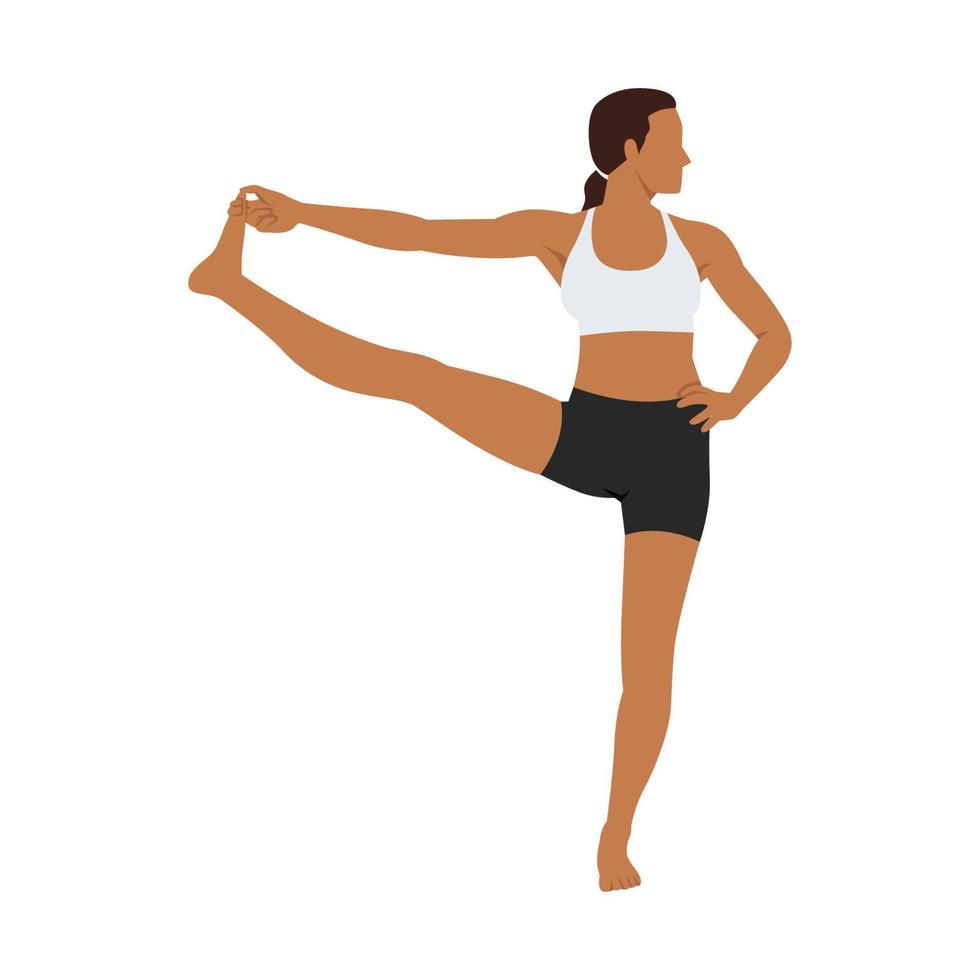 mujer haciendo ejercicio de mano extendida al dedo gordo del pie utthita hasta padangusthasana. ilustración vectorial plana aislada sobre fondo blanco vector