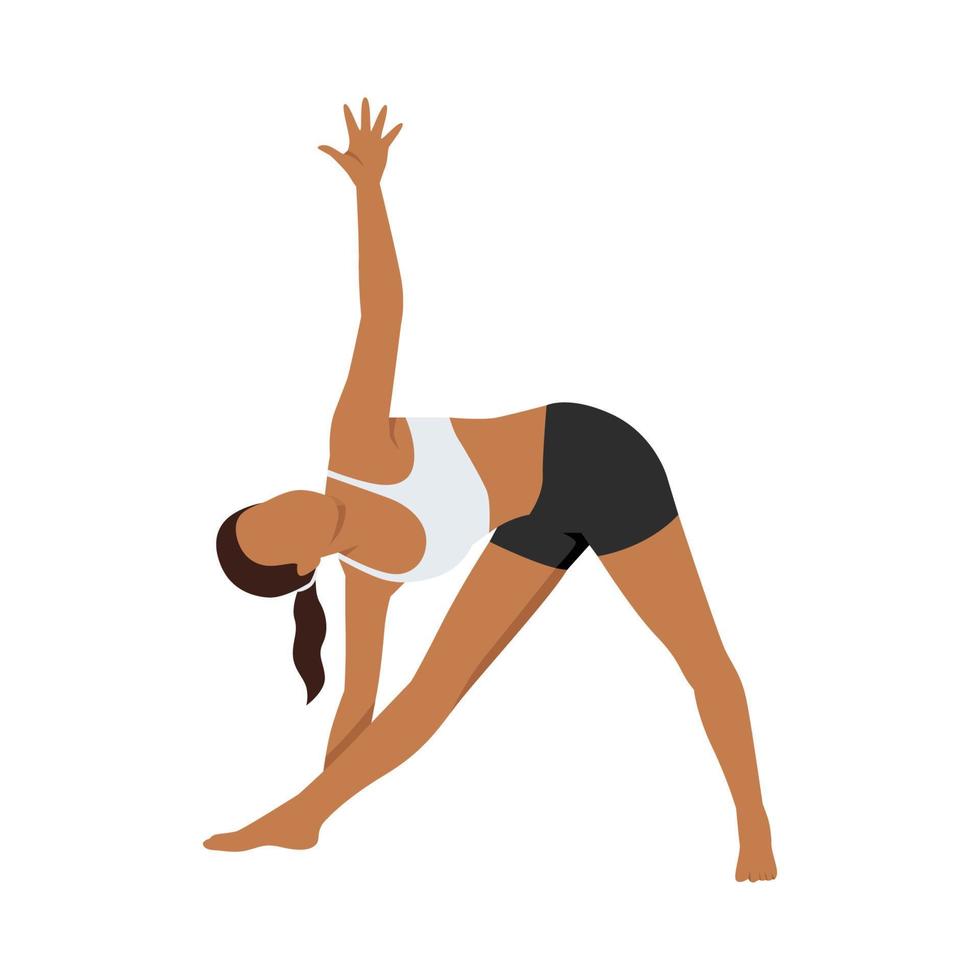 mujer haciendo pose de triángulo extendido o ejercicio utthita trikonasana. ilustración vectorial plana aislada sobre fondo blanco vector