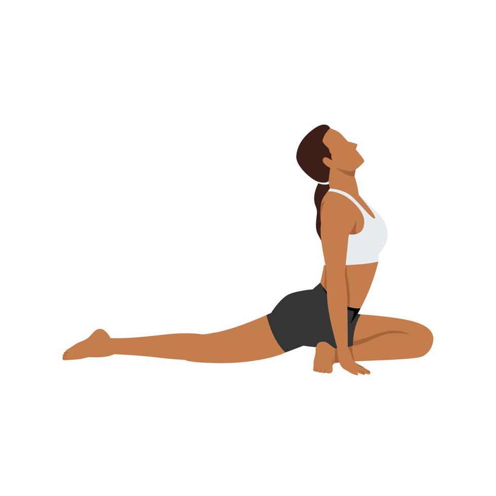 mujer haciendo pose de paloma, también conocido como ejercicio pada rajakapotasana. ilustración vectorial plana aislada sobre fondo blanco vector