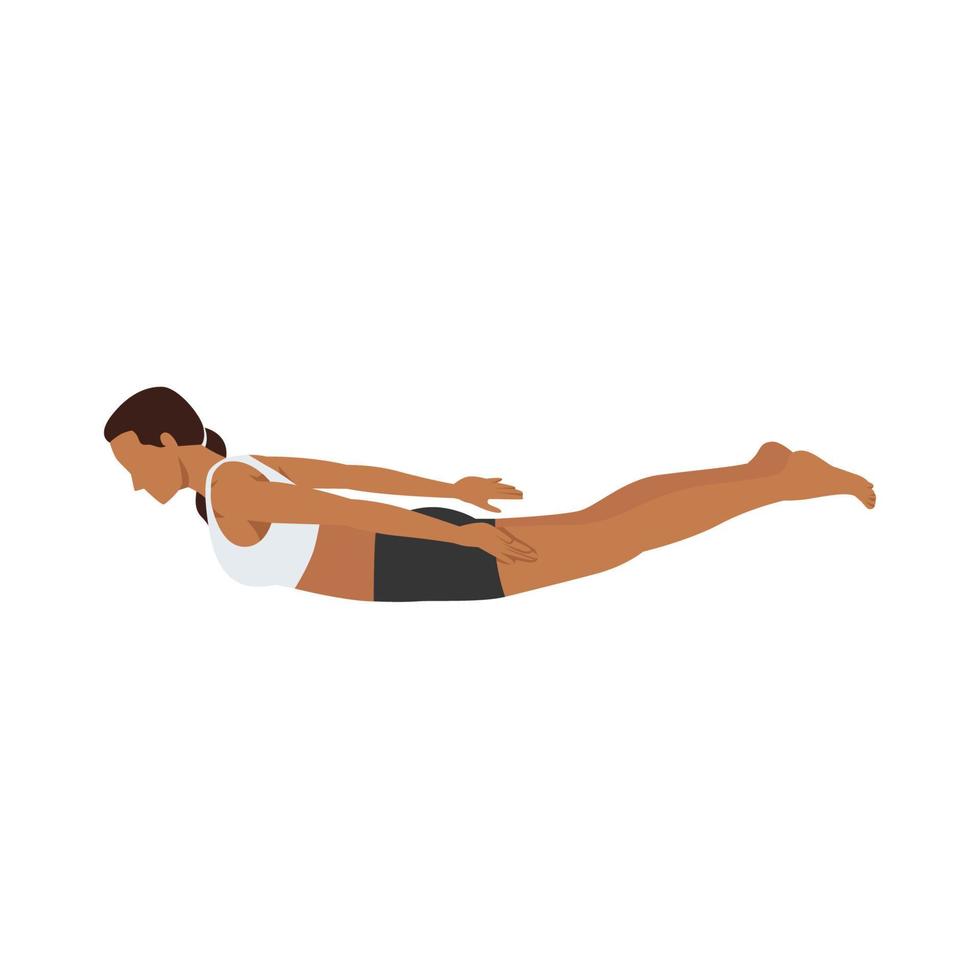 Woman doing pose salabhasana exercise. Flat vector illustration isolated on white background