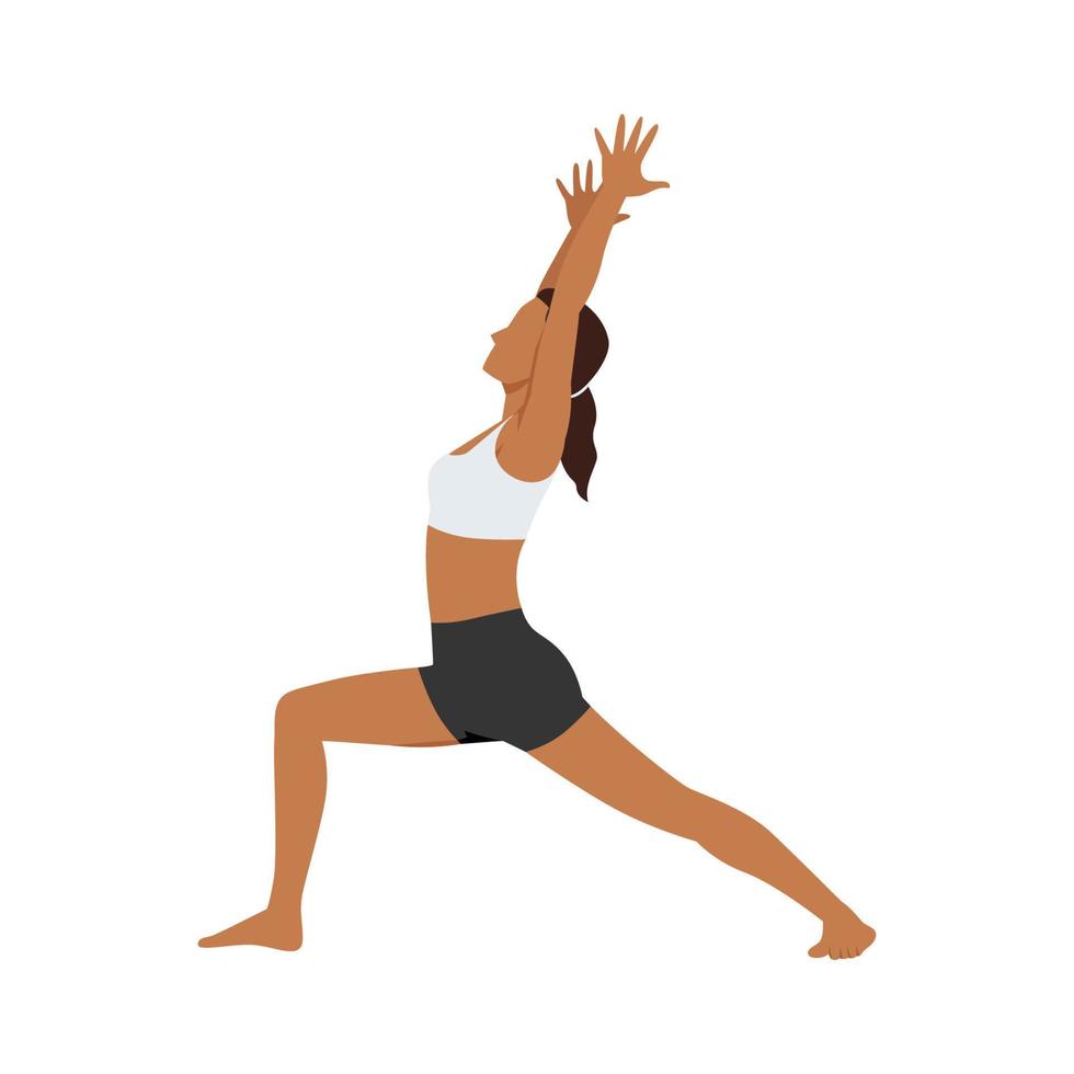 mujer haciendo guerrera i planteo ejercicio virabhadrasana. ilustración vectorial plana aislada sobre fondo blanco vector