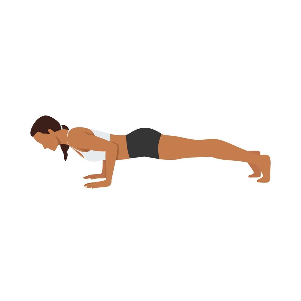 Woman doing Low plank pose Chaturanga dandasana exercise. Flat vector illustration isolated on white background