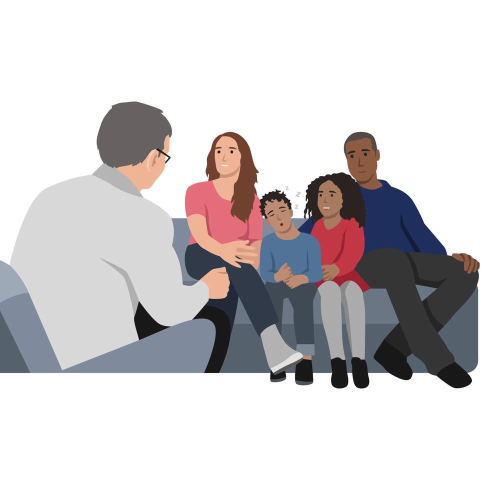 Conversation between parents,child and psychologist or psychotherapist. Family psychotherapy, psychotherapeutic aid for children with mental problems. Flat cartoon vector illustration