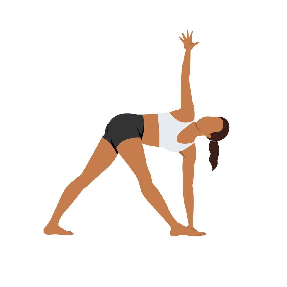 mujer haciendo ejercicio de trikonasana parivrtta pose de triángulo girado. ilustración vectorial plana aislada sobre fondo blanco vector