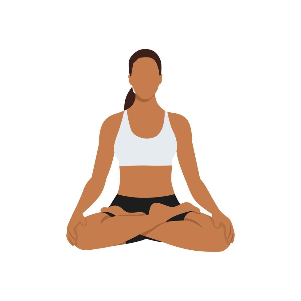 mujer haciendo ejercicio de postura de loto padmasana. ilustración vectorial plana aislada sobre fondo blanco vector