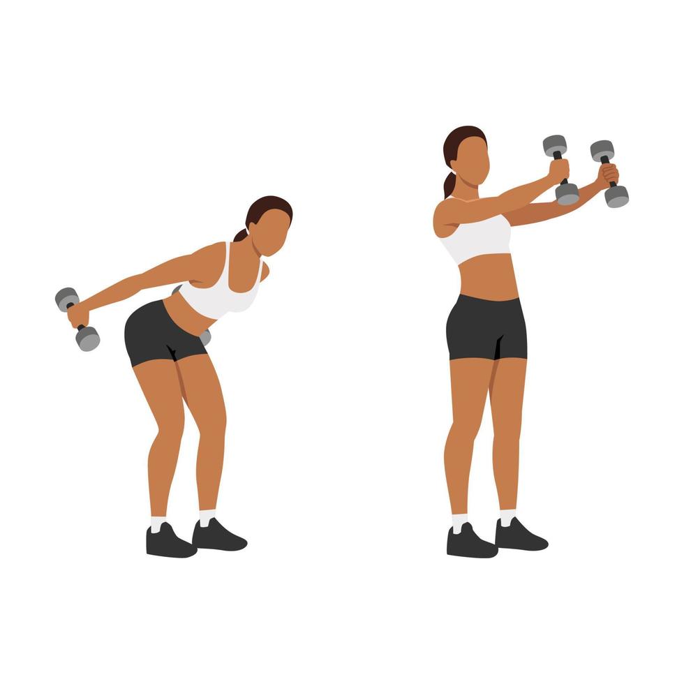 Woman doing dumbbell skier swing exercise. Flat vector illustration isolated on white background