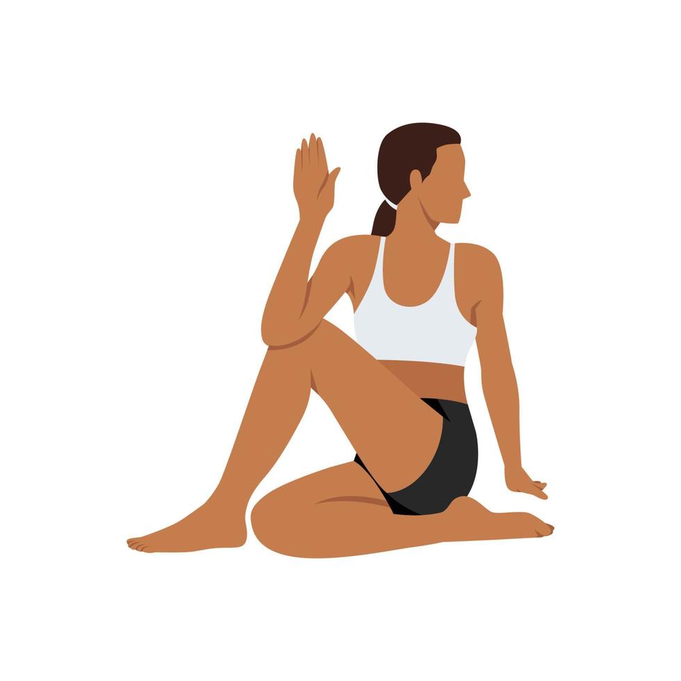 Woman doing half lord of the fishes ardha matsyendrasana exercise. Flat vector illustration isolated on white background