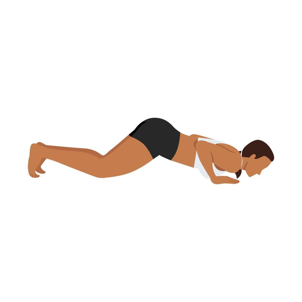 Woman doing knees chest chin pose ashtanga namaskars exercise. Flat vector illustration isolated on white background