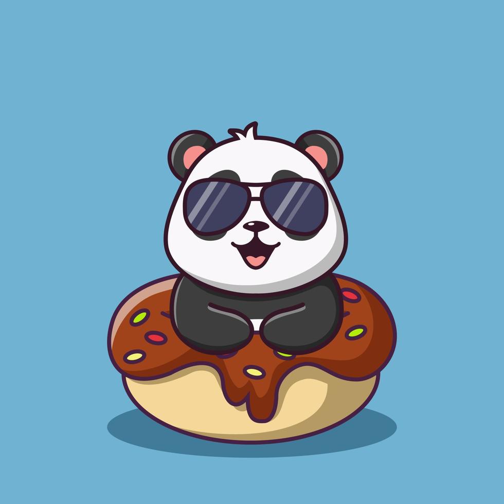 Cute cartoon panda with sweet donut, Cute cartoon panda at summer party, vector cartoon illustration