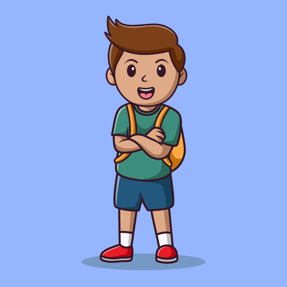 lindo niño pequeño estudiante posando, ilustración de dibujos animados de vector, clipart de dibujos animados vector