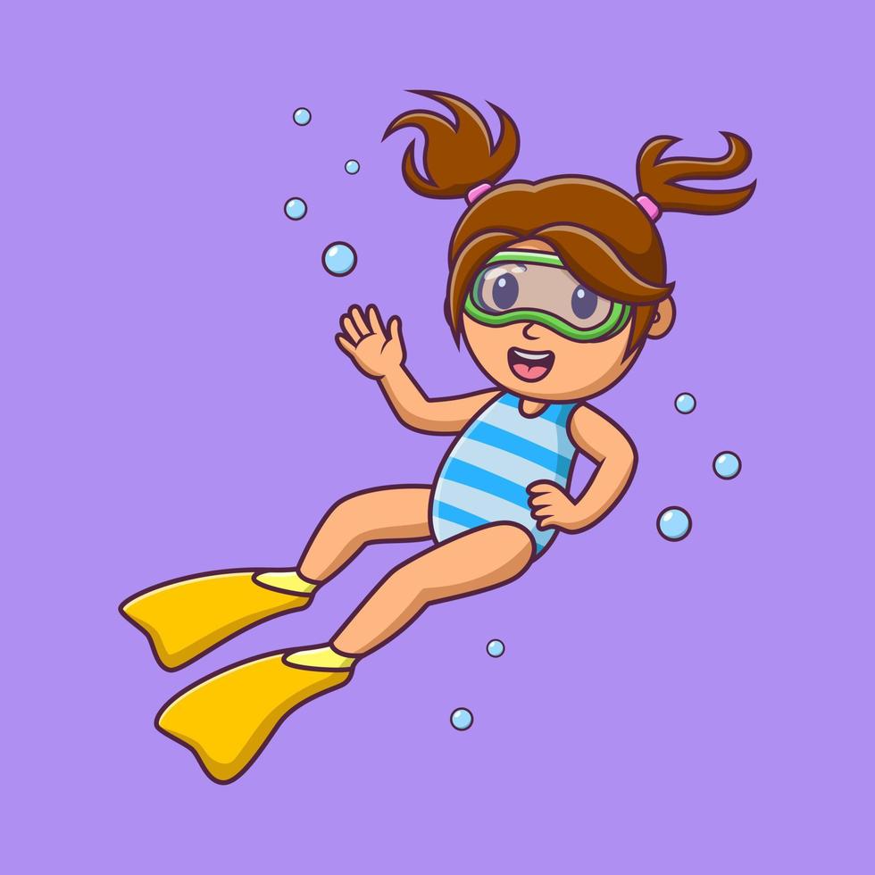 Cartoon little girl scuba diver, Cute cartoon girl diving in summer , vector cartoon illustration
