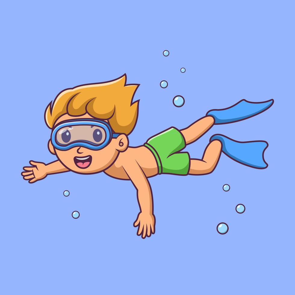 Cartoon little boy scuba diver, Cute cartoon boy diving in summer
