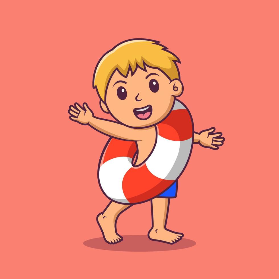 niño pequeño de dibujos animados con anillo inflable, niño lindo de dibujos animados en la fiesta de verano, ilustración de dibujos animados vectoriales vector