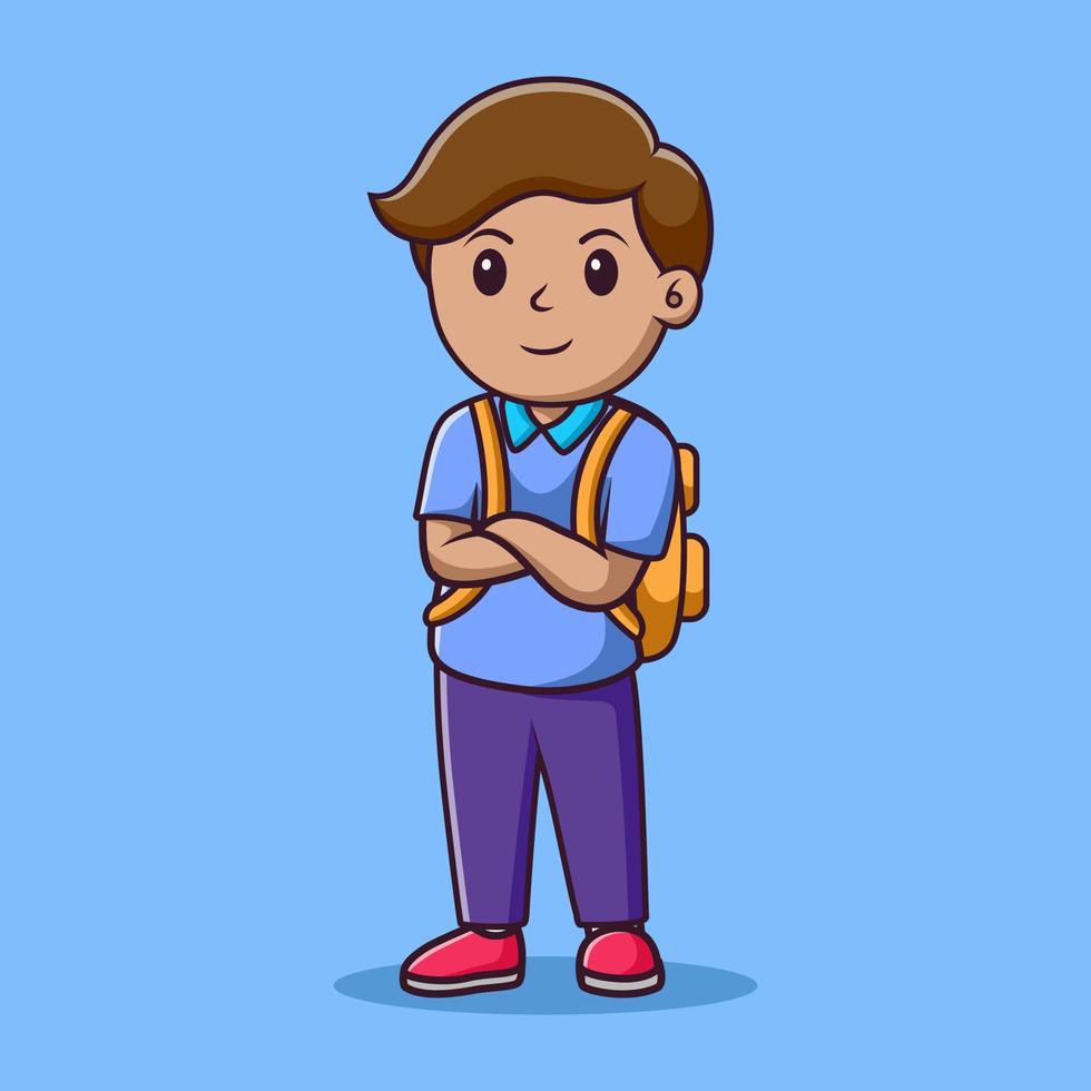 lindo niño pequeño estudiante posando, ilustración de dibujos animados de vector, clipart de dibujos animados vector