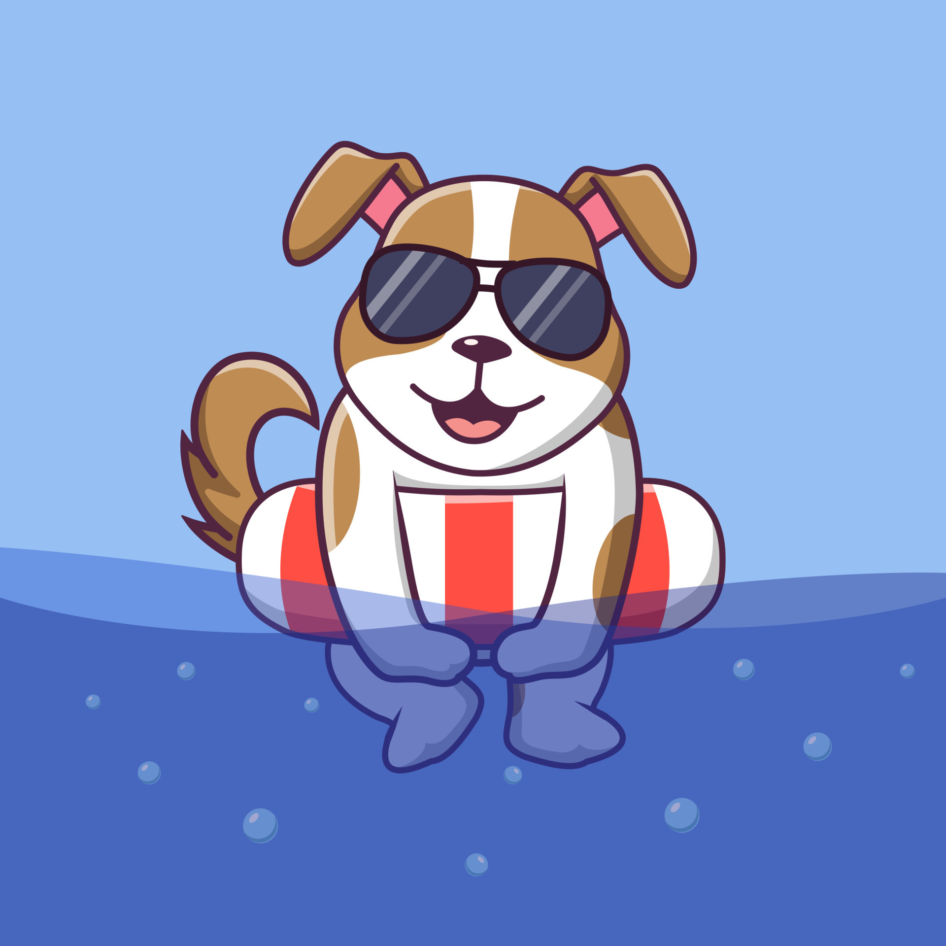 Cute dog cartoon with inflatable ring, Cute cartoon dog at summer pool ...