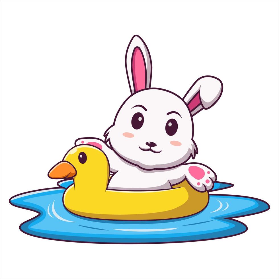 Cute bunny cartoon using duck inflatable ring, Cartoon rabbit in summer holiday, vector cartoon illustration