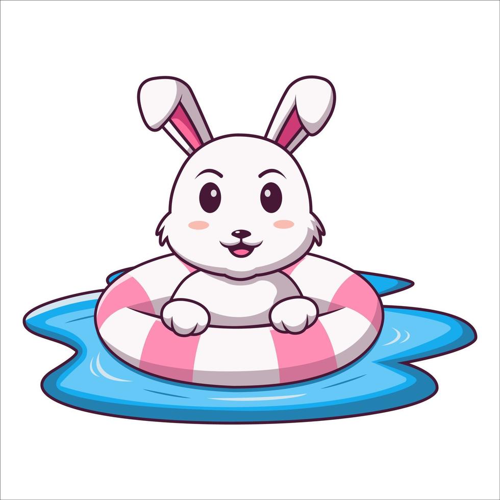 caricatura de conejito lindo usando anillo inflable, conejo de caricatura en vacaciones de verano, ilustración de caricatura vectorial vector