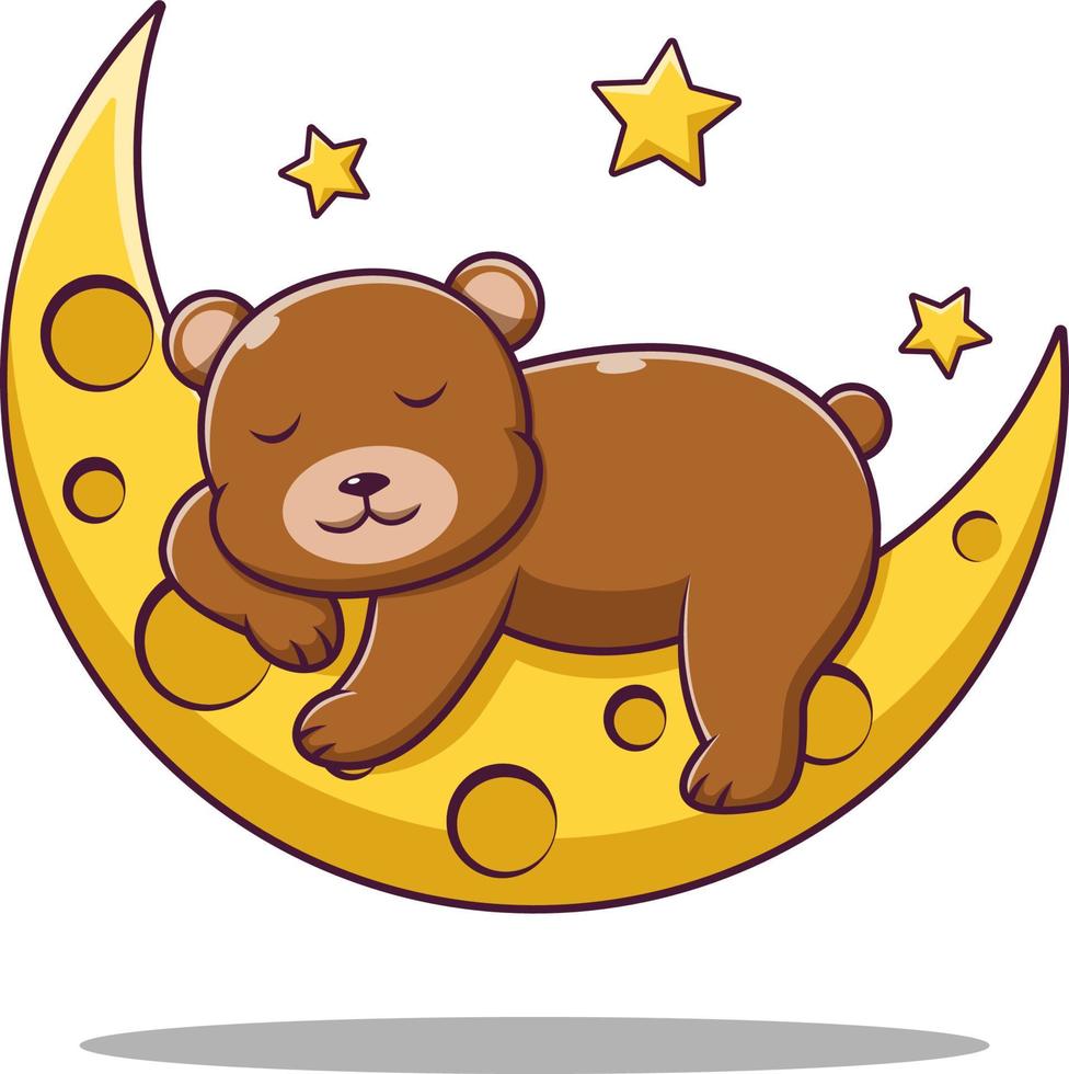 lindo oso de peluche de dibujos animados durmiendo en la luna, ilustración de dibujos animados vectoriales, imágenes prediseñadas de dibujos animados vector