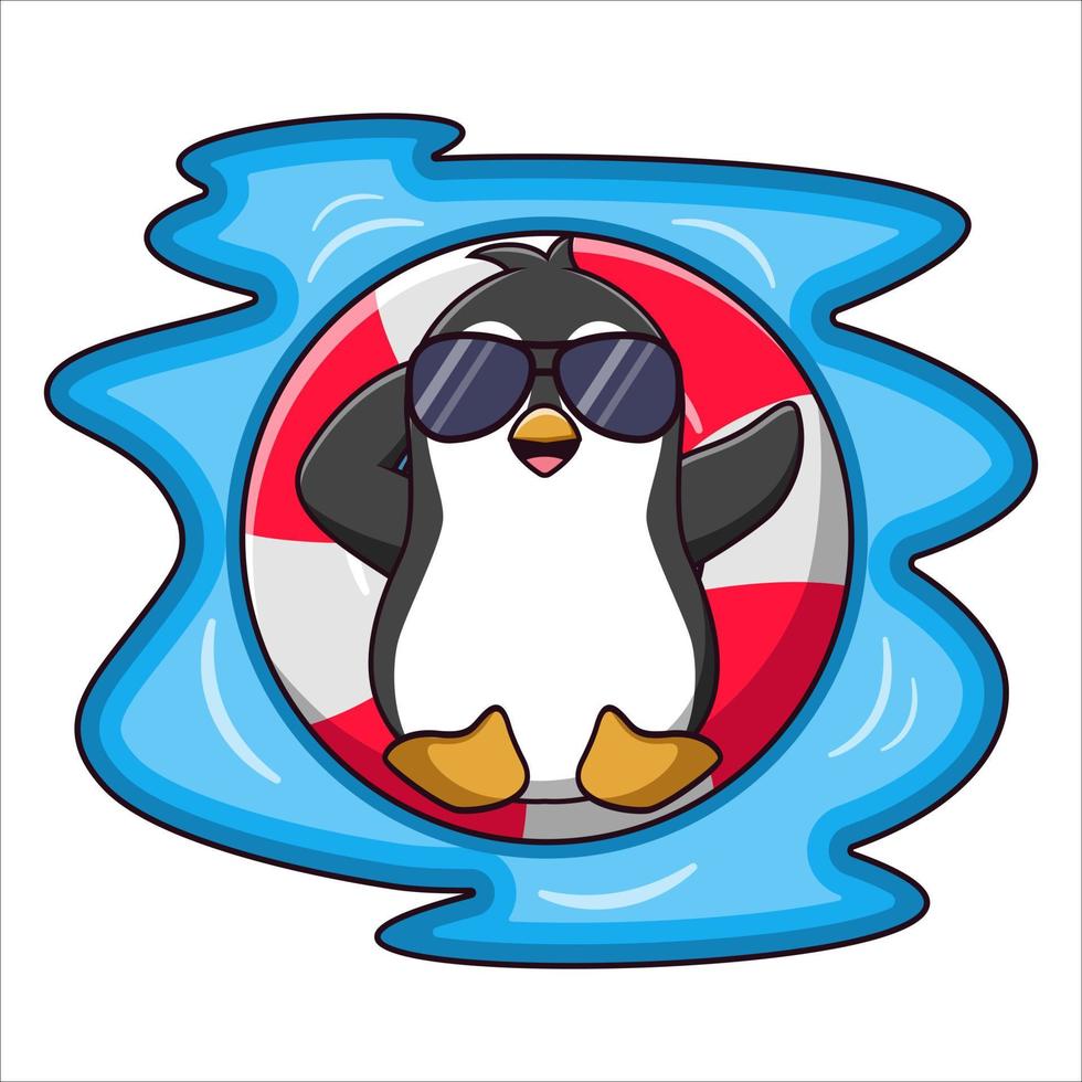 lindo pingüino de dibujos animados relajándose en el anillo inflable, pingüino de dibujos animados en vacaciones de verano, ilustración de dibujos animados vectoriales vector