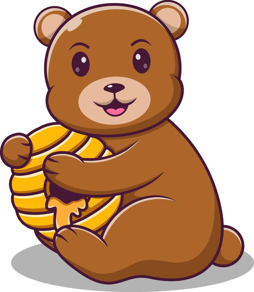 Cute bear cartoon holding a honey bee hive, vector cartoon illustration