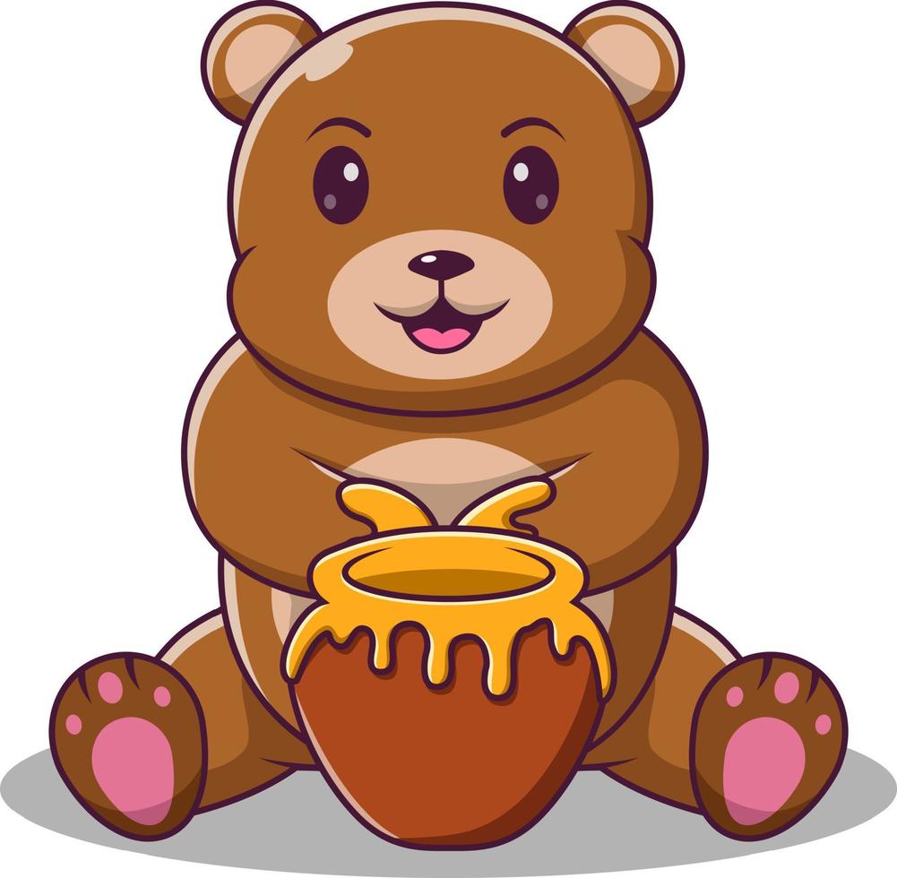 Cute Teddy Bear Eat Honey Vector Icon Illustration, Bear And Honey Icon Concept Isolated, vector cartoon illustration