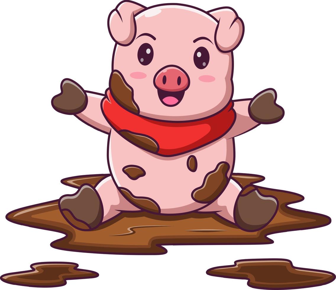 Cute cartoon pig in a puddle, vector cartoon illustration