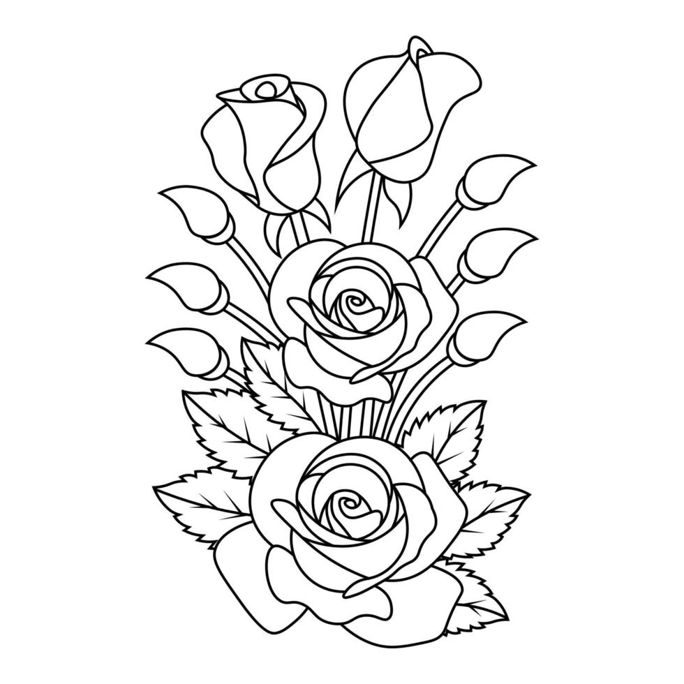 rose flower coloring page with beautiful hand drawing line art vector