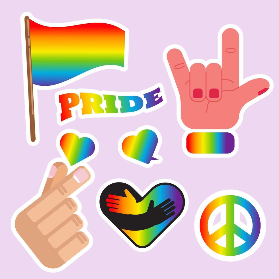 conjunto de pegatinas orgullo lgbtq, símbolos en arco iris, color degradado, bandera de paseo, corazón, paz, arco iris, amor, símbolos de libertad. mes del orgullo gay vector
