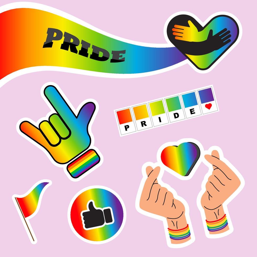 Pride LGBTQ sticker set, symbols set in rainbow , gradient color, ride Flag, Heart, Peace, Rainbow, Love,  Freedom Symbols. Gay Pride Month. vector