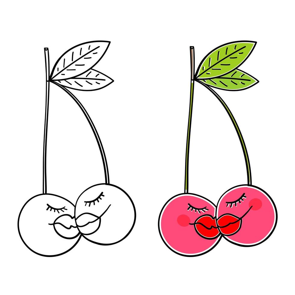 Two kissing cherries. Two cute cherries falling in love. Love and Valentines Day concept. vector