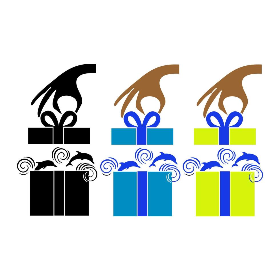 The hand opens a gift box from which dolphins jump out vector