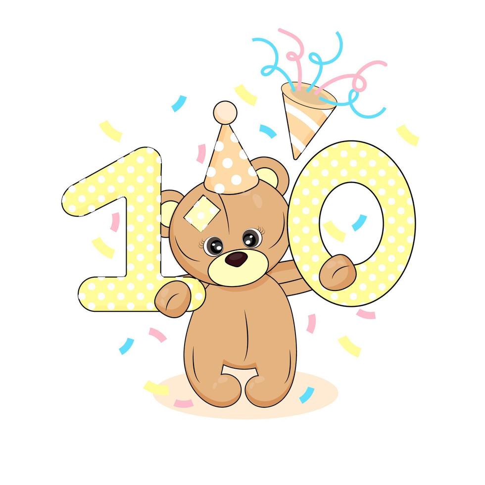 Number ten and teddy bear, baby birthday card on white isolated background, cute cartoon character and number ten, textile print, packaging, party invitation vector illustration