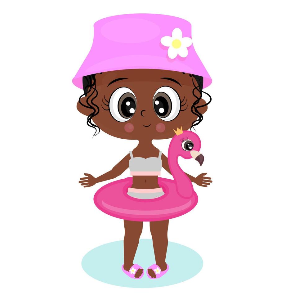 Cute cartoon afro girl in panama hat in flat style in swimsuit floating on an inflatable flamingo in the pool, vector illustration