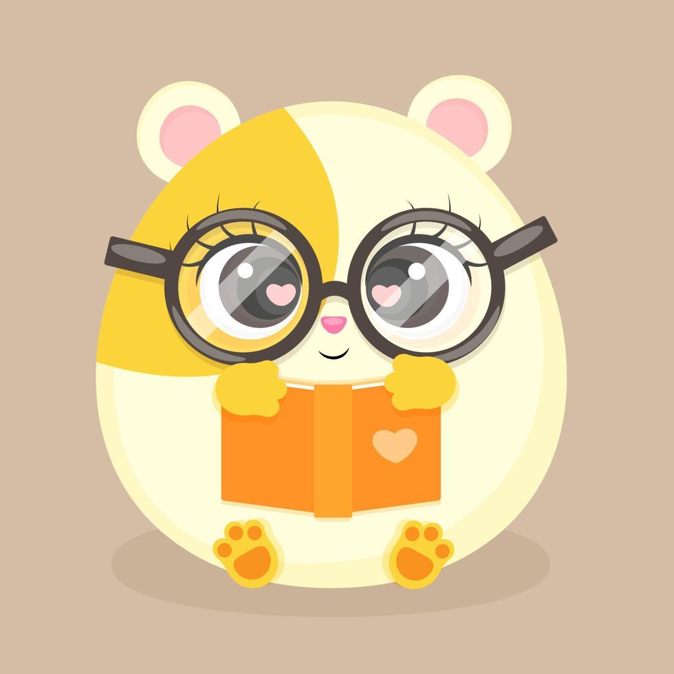 Cute guinea pig reading a book with glasses stylized flat style drawing, pet, web, textile print, postcard or packaging, vector illustration.