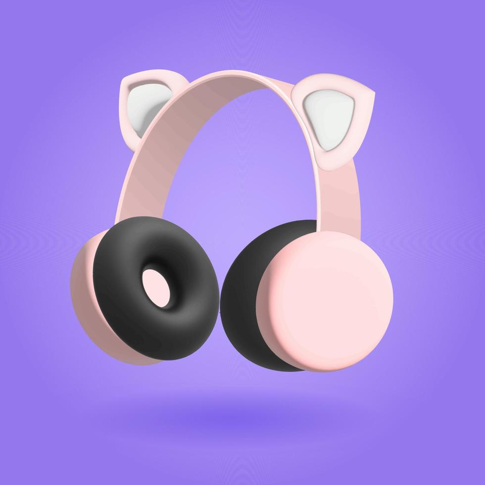 Representación 3d de auriculares rosas en una ilustración de vector de fondo púrpura