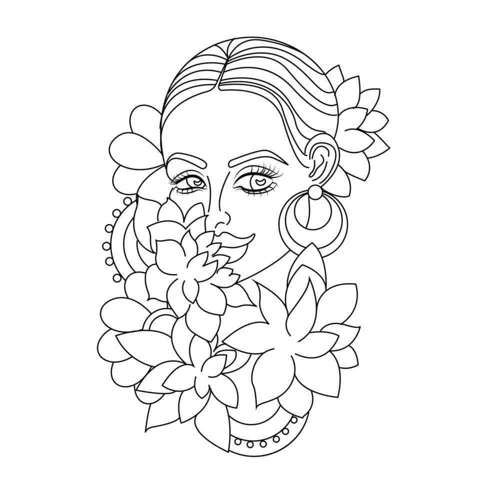 Silhouette of a girl with flowers in the style of line art, coloring book, print on the product, laser engraving on textiles, vector illustration