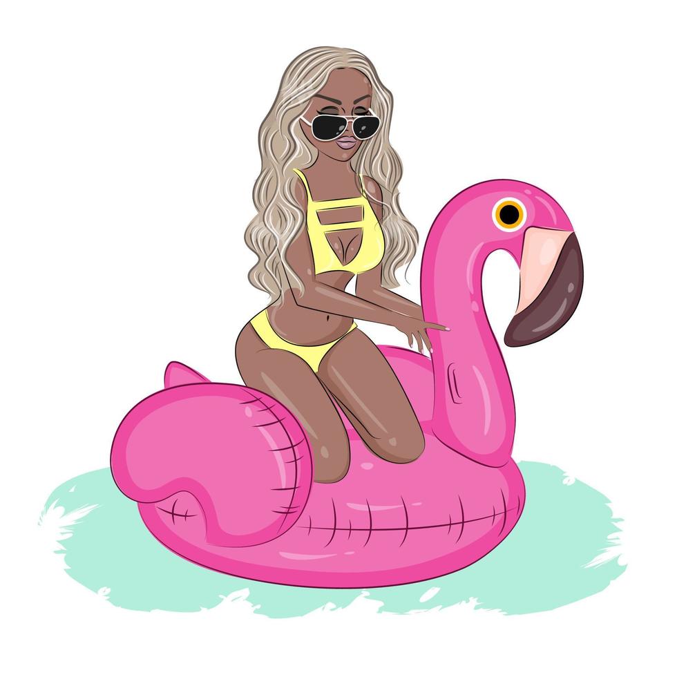 A girl in a swimsuit floats on a pink inflatable flamingo, vector